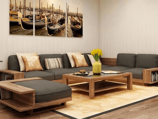 Sofa gỗ phòng khách chung cư nên chọn những mẫu thiết kế hình chữ L
